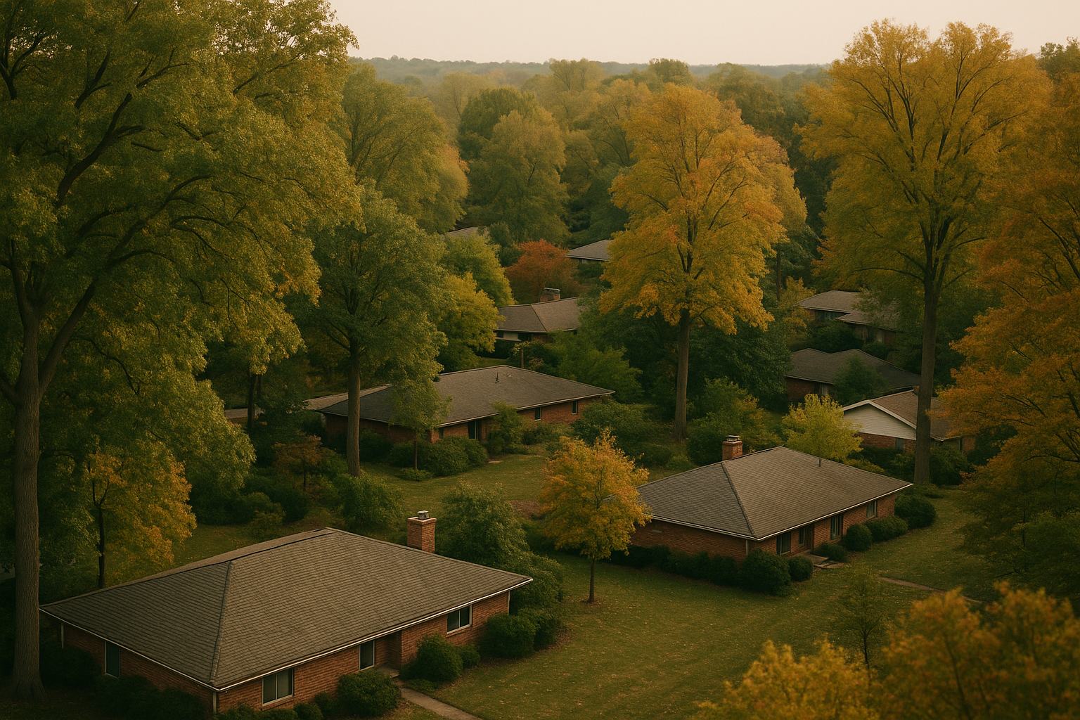 Looking down across a wooded neighbourhood in early autumn, where very large oak and hickory crowns close over the roofs of wide low brick houses so that only parts of each roof plane show through the canopy, with green and turning yellow leaves filling most of the frame and mown lawns between the houses below