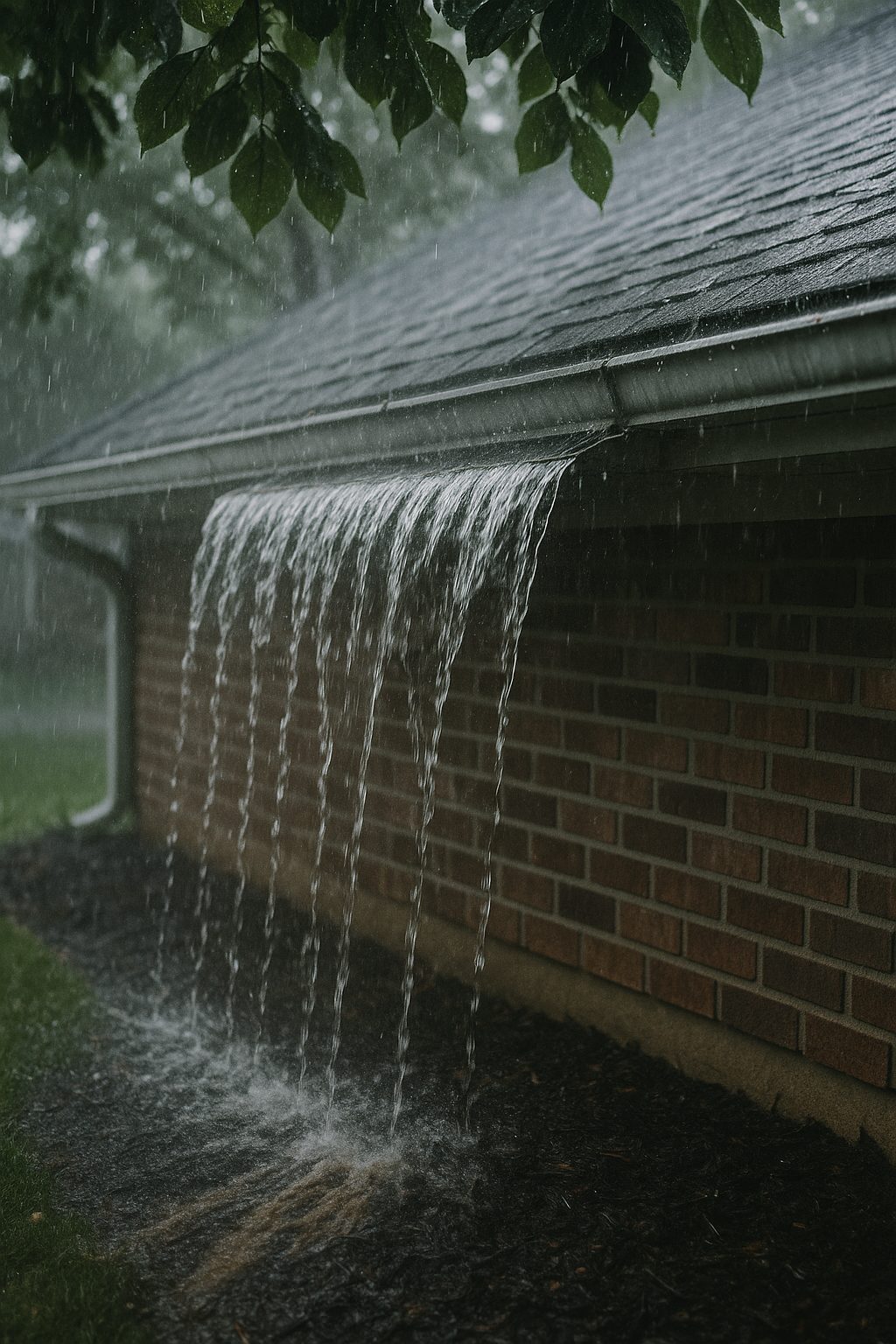 The eave of a house during very heavy rain, water sheeting over the front lip of an aluminium gutter in an unbroken curtain along the whole visible run and falling onto a dark mulch bed pressed tight against a brick foundation wall, the mulch washed out in a fan across the edge of the lawn, a downspout at the far left and wet leaves of a large tree overhead