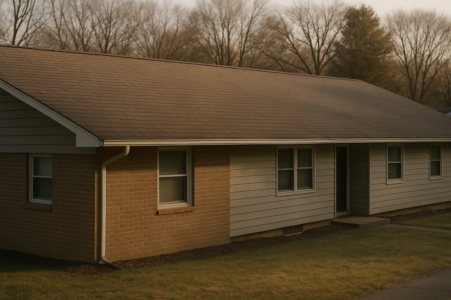 A wide low split level house seen from one end in raking morning light, the long weathered brown shingle plane running away from the camera from a gutter at the low eave up to a continuous ridge line above, the soffit visible under the overhang, a downspout running down the brick at the near corner, brick and painted siding below and bare trees behind