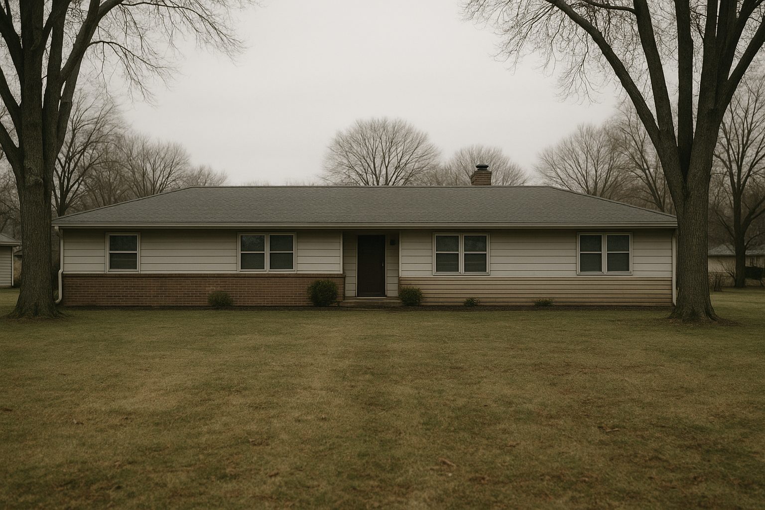 A wide single storey ranch house photographed square on from the front lawn under flat overcast light, one long shallow roof plane running the full width of the frame from a low eave up to a long horizontal ridge, brick and painted siding below it, a downspout at the left hand corner and a large bare tree standing at each end of the house