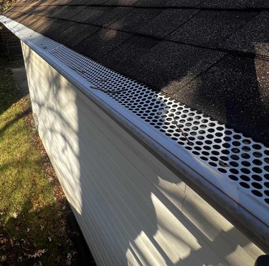 A white perforated metal gutter guard, punched with round holes, running the length of a gutter along the eave of a dark charcoal shingle roof, with two bare twigs and a few small dark scraps of debris lying on top of the perforations. Below is a white lap sided wall and a strip of lawn scattered with fallen brown leaves